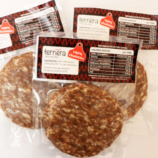 Hamburguesa de chuletón 150 gr de ternera del Valle de Aísa (Pirineos), 150 gr. Envasado al vacío